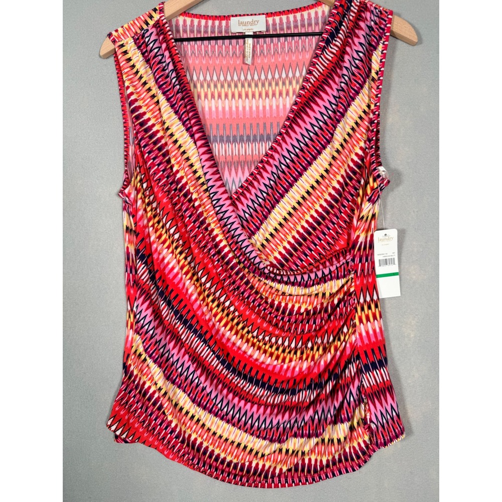 Laundry by Shelli Segal Hibiscus Multi Geometric Ruched Surplice Top L